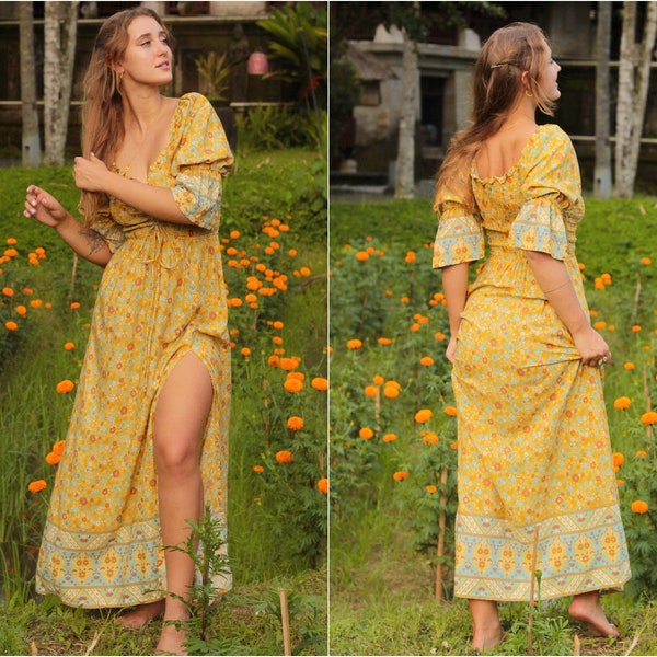 Cottagecore Milkmaid Robe longue avec fente, Sweetheart Maxi Dress puff Seeves Jaune avec imprimé fleur, robe Retor des années 70