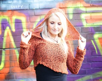 Underboob Crochet Crop Top rust brown, Cropped Hippie Hoodie, Knitted Sweater net cognac, Hooded Mesh Sweater, Hooded Belly Top Festival Goa