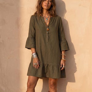 Short Loose Linen Dress Olive, Tunic Linen Dress, Shirt Dress, Cozy Mini Cotton Dress, Loose fit Grunge 90s Dress