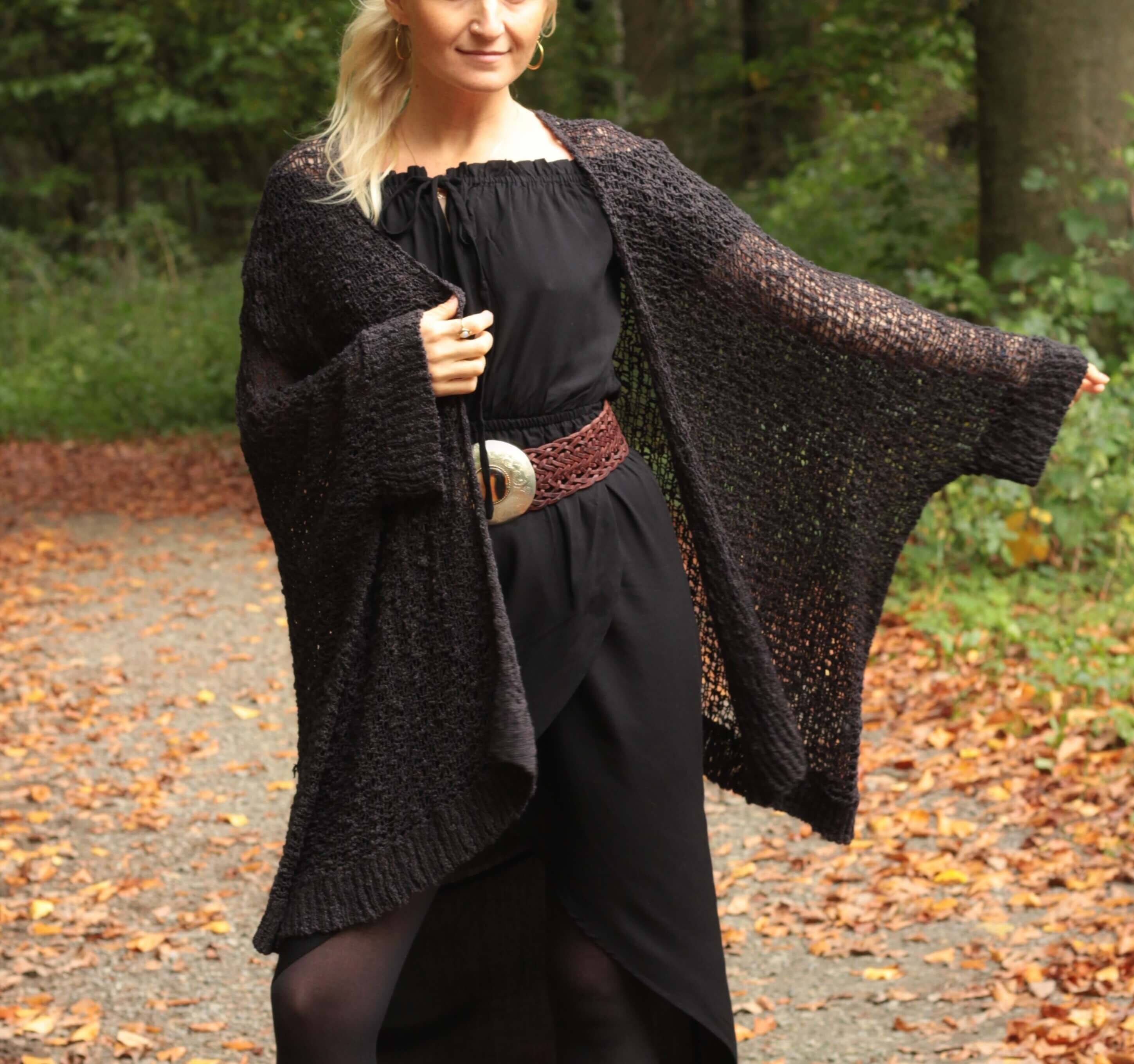 Boho Long Knit Cardigan Black Wide Bat Sleeves. Knit Jacket
