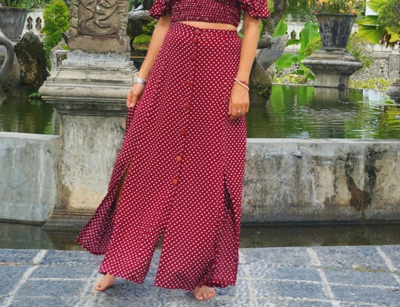 Maxi Skirt High Waisted. Polka Dot Skirt Red White. Boho Chic