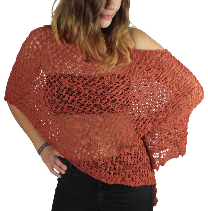 Hippie Boho Knit Poncho Waterfall Boat Neckline Top Ladies Poncho Boho Crochet Top Poncho Sommer Poncho Bikini cover Up Cape Cognac Rust