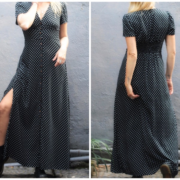 Polka Dot Dress Women Long, Summer Dress, Button Down Dress, Short Sleeve Maxi Dress