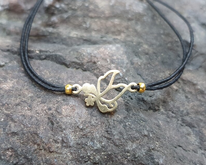 Fine Minimalistic Friendship Bracelet Butterfly Brass Black Elastic Wrist Band gift for her Friend delicate macrame bracelet chain