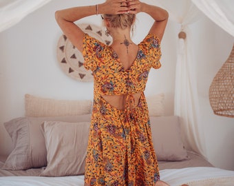 Short Summer Dress Open Back. Cut Out Dress Yellow Boteh