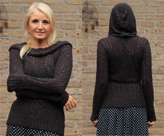 Boho Knit Hoodie Black Boat Neck Knitted Sweater With Hood Goa