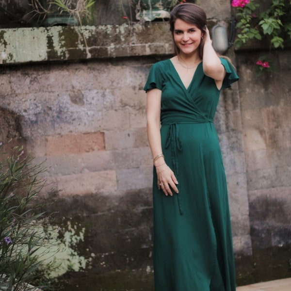 Maxi Wrap Dress Bottle Green, Robe élégante longue, Robe de demoiselle d’honneur, Robe d’été Boho, Robe d’invité de mariage Boho, Robe de soirée asymétrique