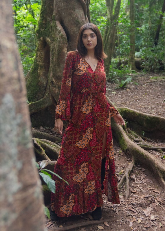 Boho Maxi Dress Retro 70s Long Hippie Slit Dress Ibiza Hippie Dress Bohemian Long Sleeved Dress Artisan Dress Goa Party Festival Dress Etsy Canada