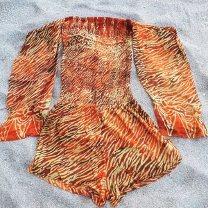 Tie Dye Boho Off Shoulder Summer Beach Jumpsuit Red Orange Short with long Bell sleeves Overalls romper Onesie Playsuit Woman image 7