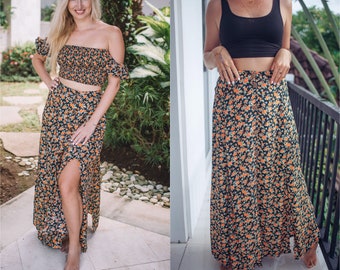 Hoog getailleerde hippie maxi rok, hippie maxi rok bloemenpatroon, button-down rok, bloemen Boho zomerrok, jaren '70 bloemenrok