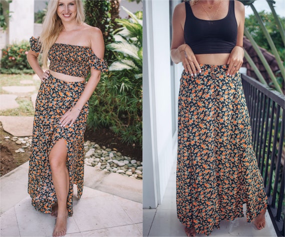 Long skirt with crop top 70s top