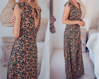 Boho Maxi Robe d’été Fleurs coupe basse côté arrière fente / Longue Florale Hippie Robe Open Back Hippie Ibiza Manches Courtes Beach Robe de vacances