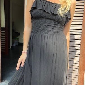 Women&#39;s summer dress spaghetti straps black, flounce strap dress, boho maxi dress ruffle neckline, beach dress, long party dress