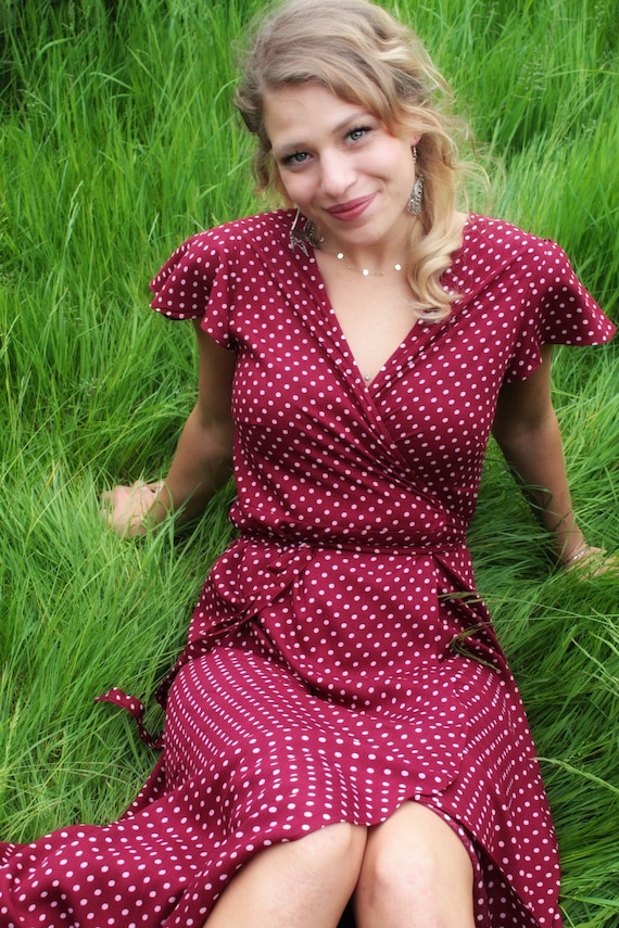 Polka Dot Maxi Dress Wine Red White Dot Wrap Dress Long Short Sleeve Dotted Dress Romantic Long Boho Chic Ibiza Dress Asymmetrical Etsy UK