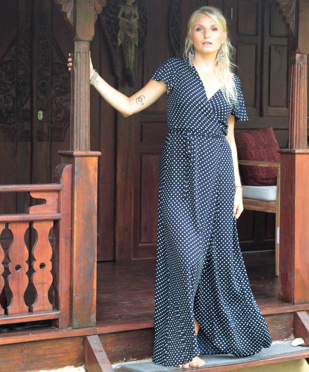 Polka Dot Jurk Donkerblauw Zwart Vlindermouwen, Maxi Wikkeljurk