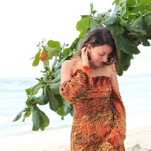 Tie Dye Boho Off Shoulder Summer Beach Jumpsuit Red Orange Short with long Bell sleeves Overalls romper Onesie Playsuit Woman image 5