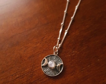 Triple Moon Goddess Necklace 925 Silver, Coin Necklace Moon Phases, Boho Medallion Necklace Moonstone, Witchy Necklace Handmade in Bali