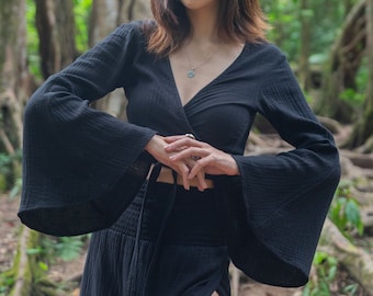 Boho wrap blouse with long trumpet sleeves muslin cotton black hippie top summer long sleeve shirt Ibiza festival style cropped
