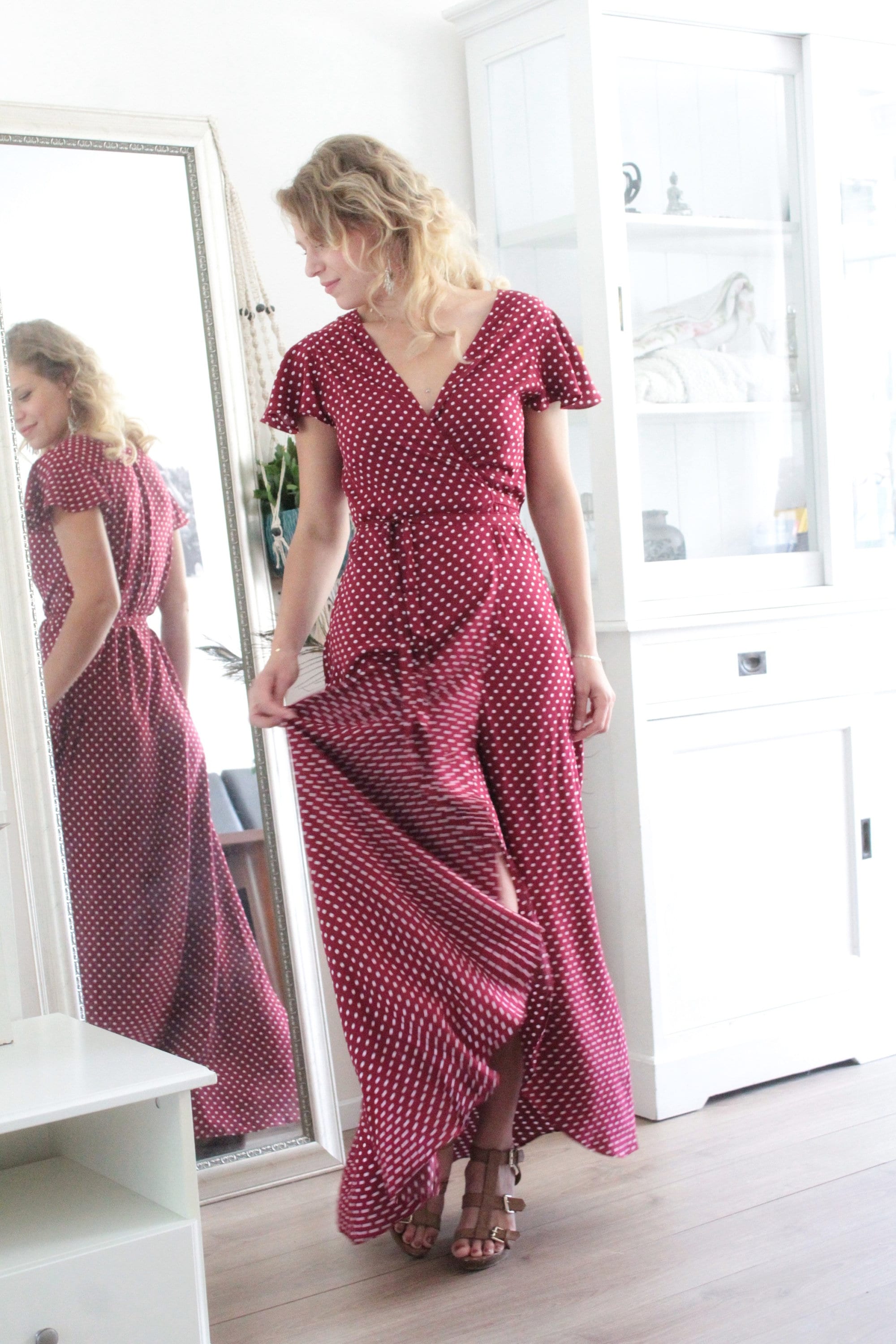 上品スタイル Polka Dot Maxi Dress Wine Red White, Dot Wrap Dress Long ワンピース