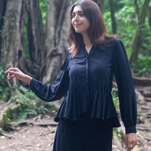 Black Boho Volant Blouse Long Sleeve - Ruffle Hem Blouse V-cut Concealed Button Placket - Office Outfit Autumn Winter Everyday