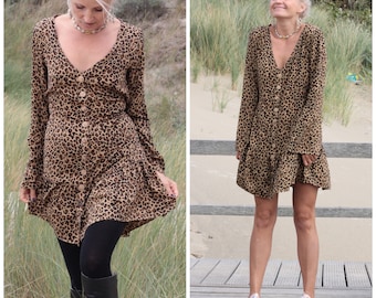 Long Sleeve Dress Short Leopard Print, Boho Mini Dress bell sleeves, Bohemian Tunic Dress Buttons, Button Down Dress Autumn Winter