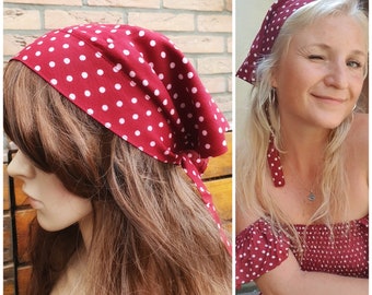 Polka Dot triangle head scarf Red White, 90s Hair Kerchief Bandana, hairband festival bohemian vintage 70s head wrap Rockabilly