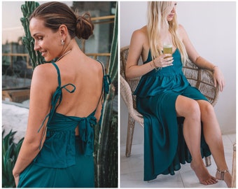 Elegant Backless Dress long two piece Petrol Bottle Green, Asymmetrical Peplum Bridesmaid Dress, Boho Wedding Guest Dress, Evening Dress