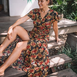 Women&#39;s wrap dress floral print, short sleeve summer dress, black floral dress, boho dress, dress for garden party or birthday party