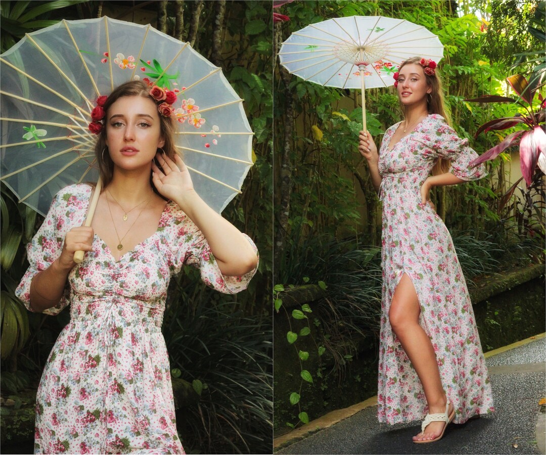 Long White Flower Summer Dress With Slit and 3/4 Puffed Sleeves, Romantic  Boho Hippie Dress Off-the-line - Etsy