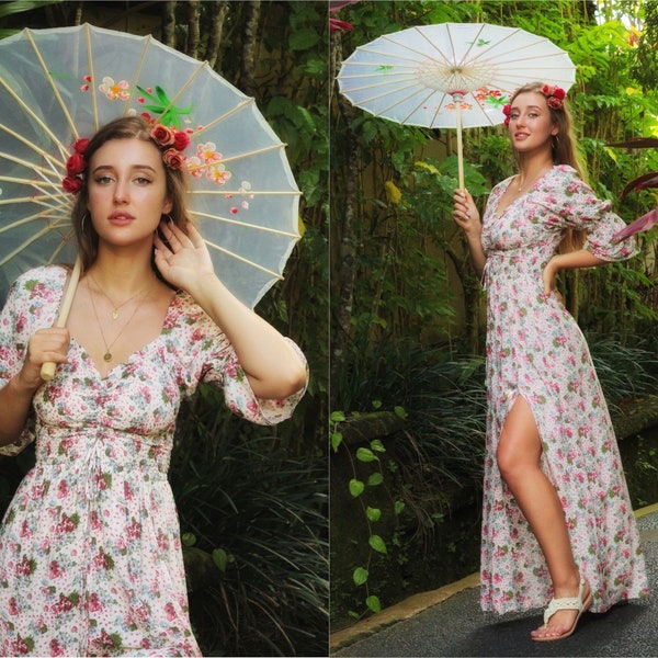 Romantic Fairycore Cottagecore Maxi Dress, Rose Prairie Dress with Slit, Off Shoulder Sweetheart Dress, Milkmaid Dress