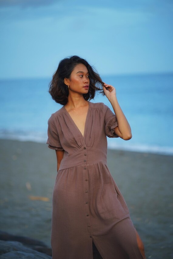 Boho Maxi Dress With Buttons Taupe Soft Muslin Cotton Short Sleeved Summer Dress Long Ibiza Festival Hippie Dress Button Down Etsy UK
