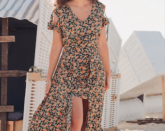 Hippie Dress Midi Cut Outs, Floral Summer Dress, Boho Dress Floral, Asymmetrical Dress, Casual Dress Office Every Day Summer Vintage Style