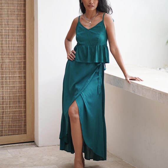 Wedding Guest Dress Petrol, Slip Dress Bottle Green, Asymmetrical Summer  Dress, Two Piece Dress, Bridesmaid Dress, Low Back Dress - Etsy