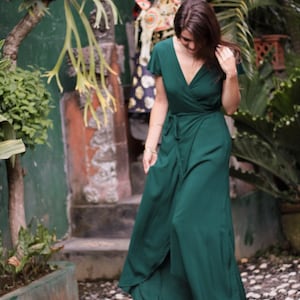 Maxi Wrap Dress Bottle Green, Elegant Dress long, Bridesmaid Dress, Boho Summer Dress, Boho Wedding Guest Dress, Evening Dress Asymmetrical