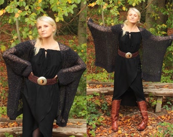 Boho Long Knit Cardigan Black wide bat sleeves. Knit Jacket Long. Oversized cardigan. Bohemian midi cardigan mesh. Chunky knit coat Hippie