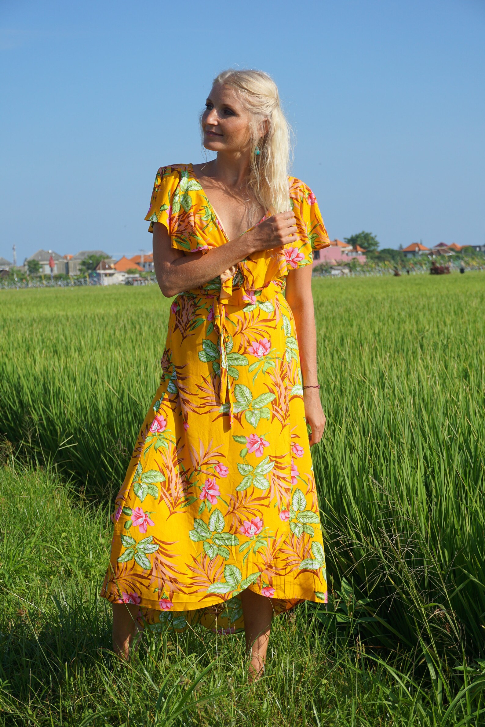 Summer wrap dress floral pattern yellow. Volant floral dress | Etsy