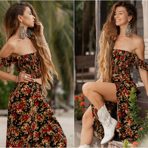 Boho Maxi Kleid zweiteilig Blumenmuster, Sommer Off Shoulder Zweiteiler Kleid, Rüschen Crop Top Knöpfe Maxirock mit Schlitzen