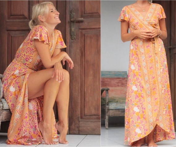 Summer Wrap Dress Long. Boho Maxi Dress Flowers Print Butterfly