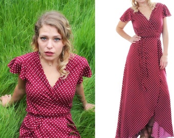 Red Polka Dot Maxi Dress, Summer Wrap Dress, Elegant Dotted Dress long, Short Butterfly Sleeves, Mama Nursing Dress, Boho Chic IBIZA Style