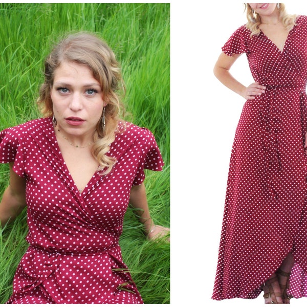 Red Polka Dot Maxi Dress, Summer Wrap Dress, Elegant Dotted Dress long, Short Butterfly Sleeves, Mama Nursing Dress, Boho Chic IBIZA Style