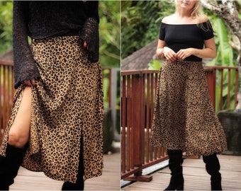 Boho Midi Leopard Skirt with Slits / Hippie Skirt Leo Pattern with High Waist / High Waisted Bohemian Party Skirt, Animal Print Skirt Half Long