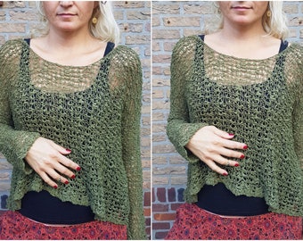 Boho Off Shoulder Knit Sweater Olive, Oversized sheer Mesh-knit Sweater light, Soft Crochet Boho Hippie Sweater, Loose Mesh Sweater 90s