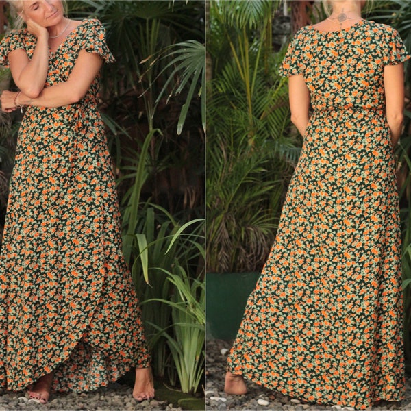 Blumen Sommerkleid lang, Boho Maxikleid Wickelkleid Blumen, Stillkleid Sommer Umstandskleid, Ibiza Hippie Style