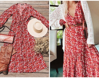 Red Boho Long Sleeve Dress Flower Print, Casual Floral Midi Dress, Elegant Hippie Dress, Office Dress Every Day, Cottagecore Prairie