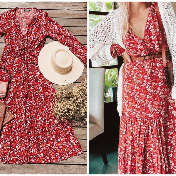 Boho Chic Long Sleeve Dress Red Flowers, Casual Floral Midi Dress Bohemian, Elegant Hippie Dress Office Dress Every Day