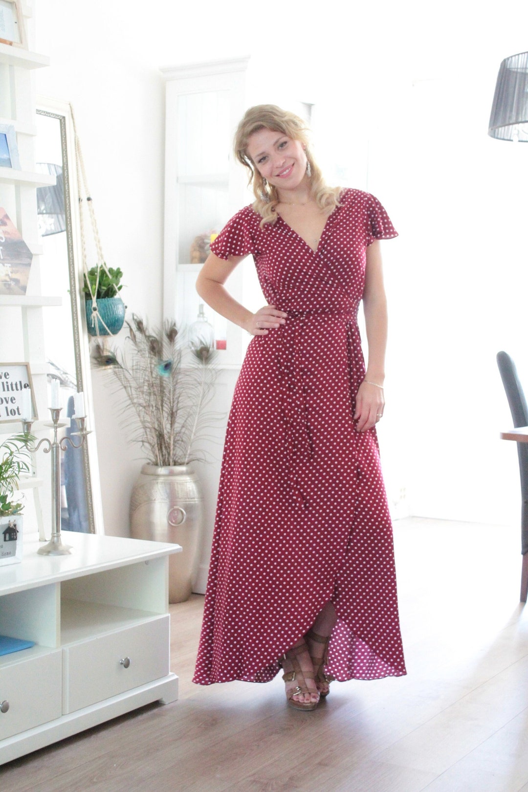 Pin Up Vestito Lungo Rosso A Pois Abito Lungo A Pois Rossi, Abito