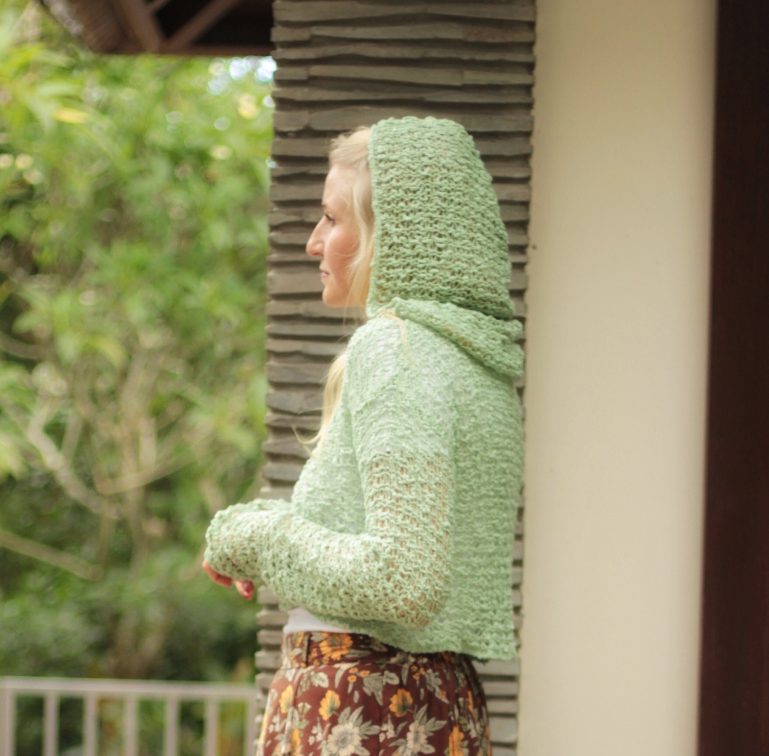 Knit Hoodie Short Mint, Cropped Sweater Hood, Knitted Shirt