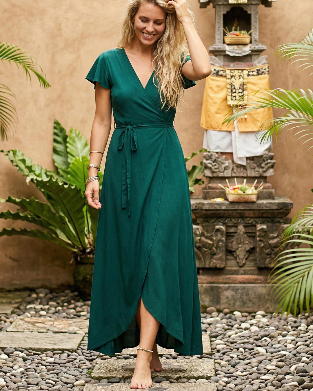 green emerald velvet dress Dark Green Wrap Satin Dress With Flutter Sleeves main image 1