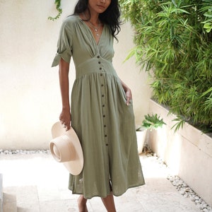 Women's Summer Dress Sage, Muslin Dress Midi, Casual Cottagecore Dress, Short sleeve cotton dress, Every Day Dress zdjęcie 10