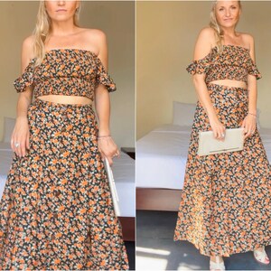 Boho Maxi Dress Two Piece Floral Pattern, Summer Off Shoulder Two Piece Dress, Ruffles Crop Top Buttons Maxi Skirt avec fentes image 2